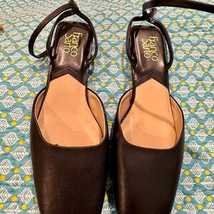 Franco Sarto Jolee; Women’s ankle strap, square toe, Black Leather Flats; 8M.